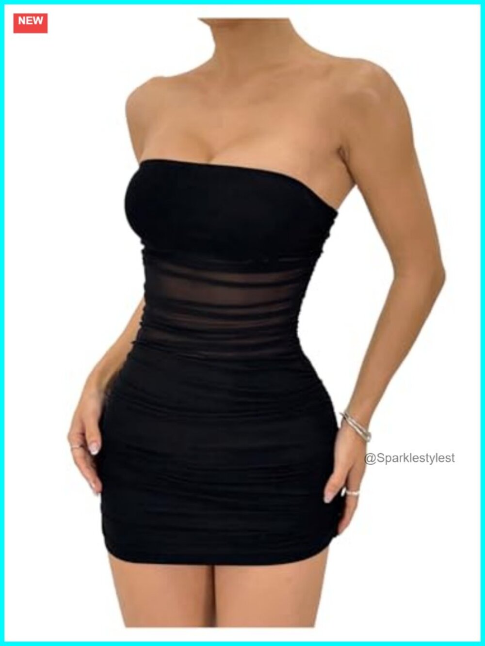 Women Mesh Strapless Ruched Bodycon Mini Dress Sleeveless Backless Clubwear